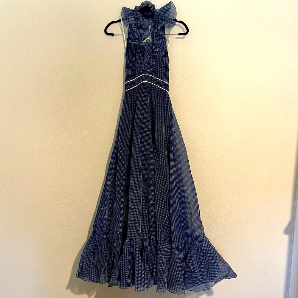 Vintage Mike Benet Formals Navy and White Tulle Polka-dot Halter Dress 6